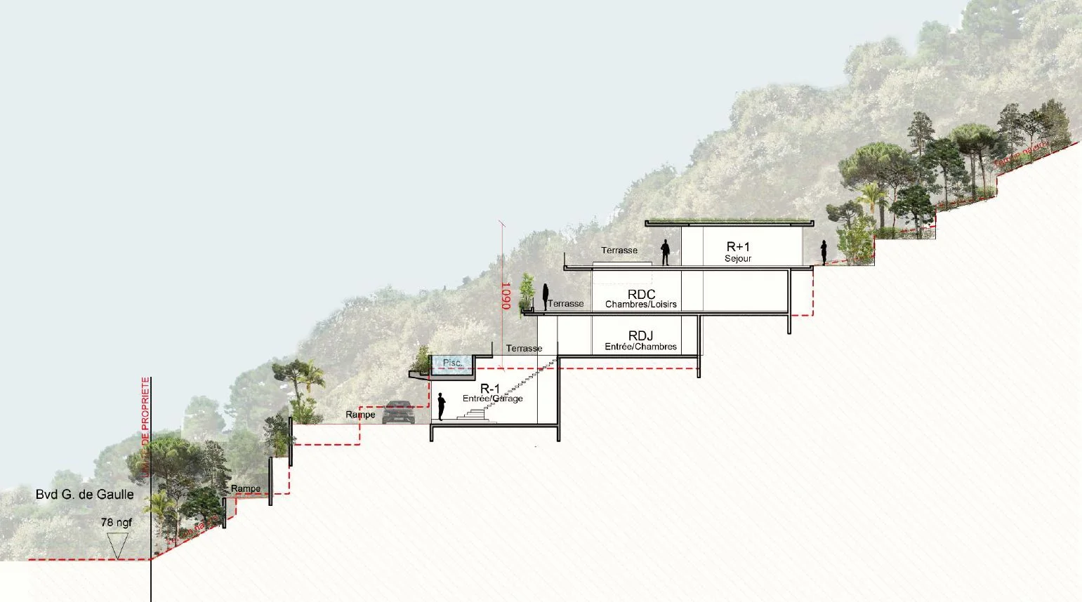 Level diagram of the project, first floor, ground floor and garden level