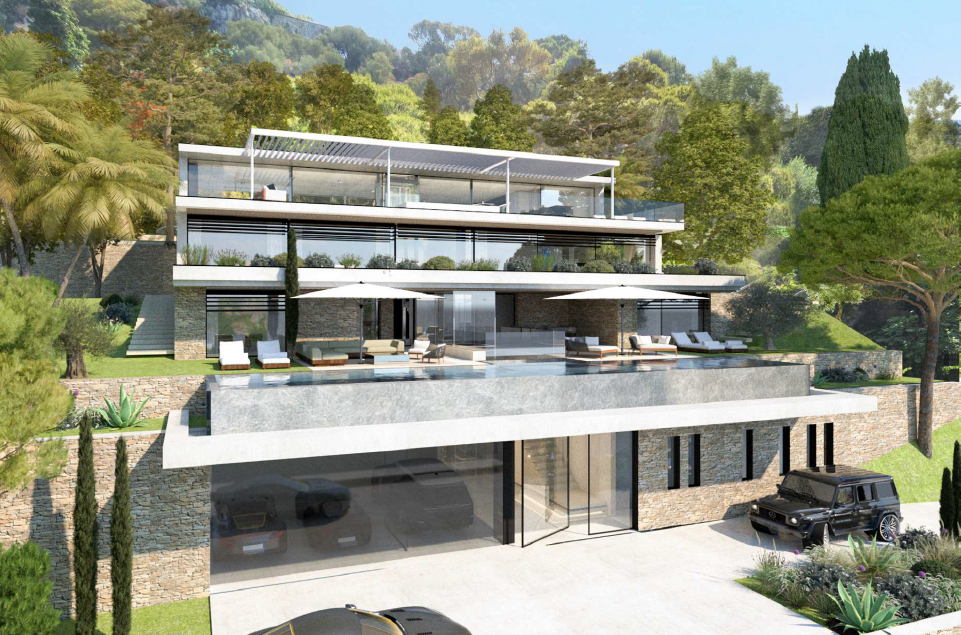 Vue 3D de projection d'un projet de rénovation d'une villa sur quatre étages avec garage vitré par Infinity Partners 